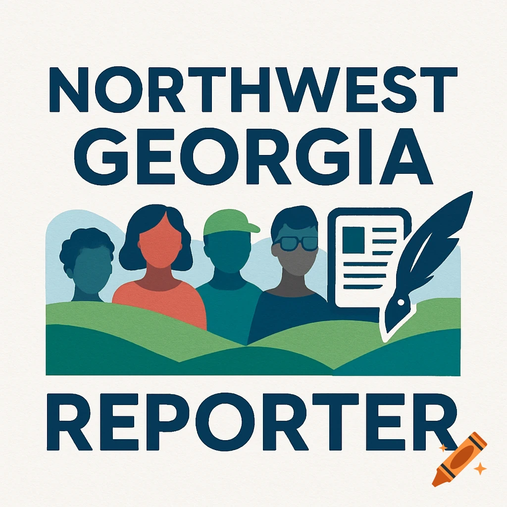 Logo for Northwest Georgia Reporter featuring stylized diverse people, a document, and a quill in a layered, illustrative style.