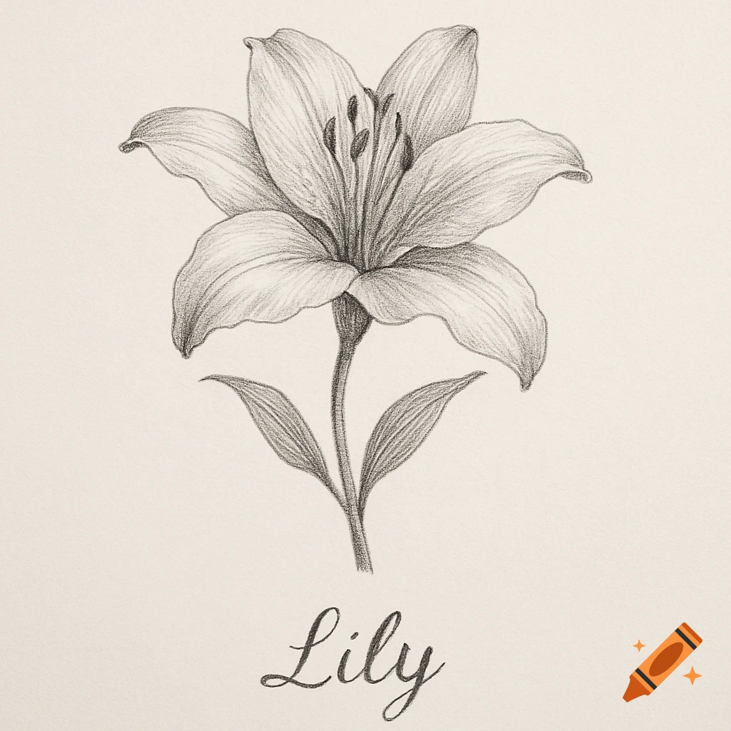 A detailed pencil drawing of a lily flower with the word "Lily" in cursive script below it.