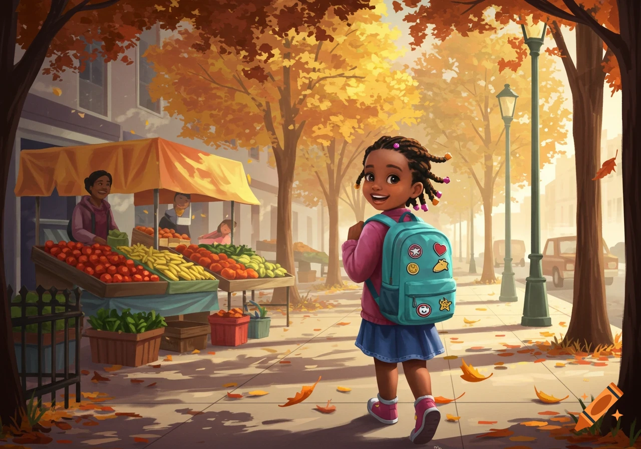 An illustration of a smiling Black girl with a teal backpack walking past a fruit stand on an autumn street.