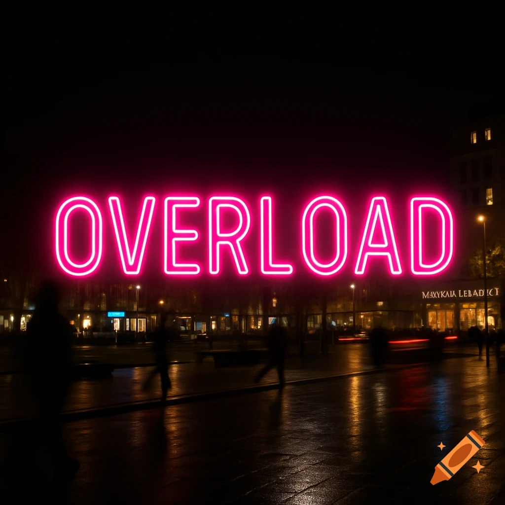 A bright pink neon sign displaying the word "OVERLOAD" against a dark, blurred cityscape background at night.