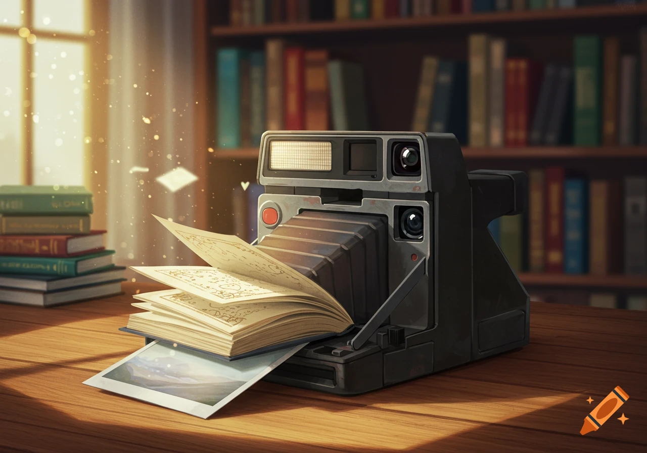 A stylized illustration of a vintage Polaroid camera on a wooden desk, with an open book emerging from its film slot. Glowing particles float in the air, and bookshelves blur in the background.