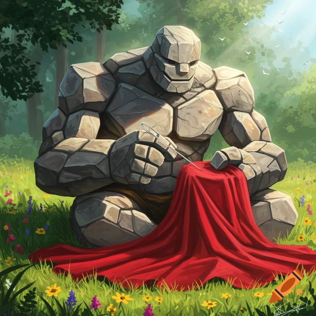 A large rock golem sits in a field of green grass and wildflowers, meticulously sewing a red cape with a needle.