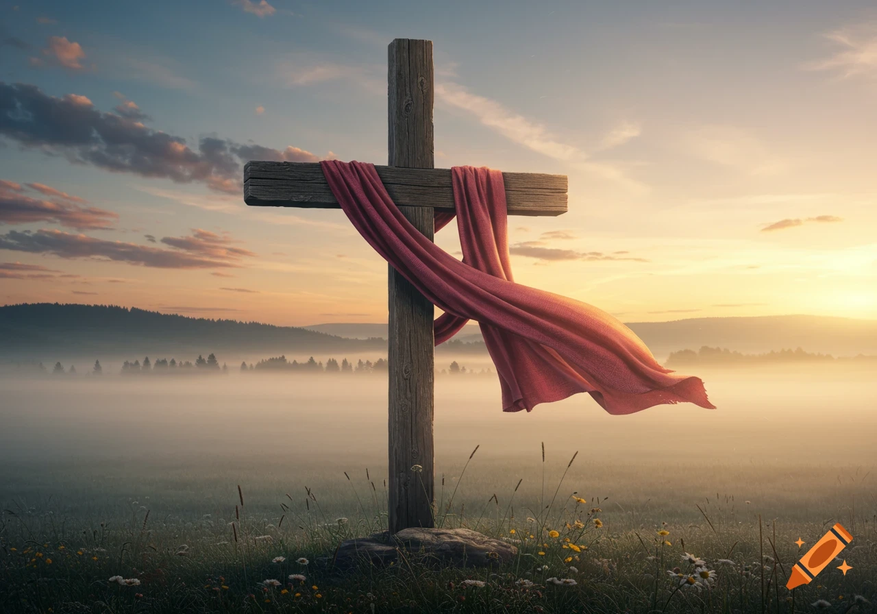A wooden cross draped with a flowing red cloth stands in a misty field at sunrise, with a hilly landscape in the background.