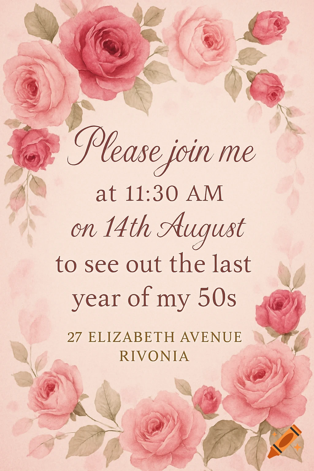 A pink birthday invitation with a watercolor-style frame of pink and red roses and text.