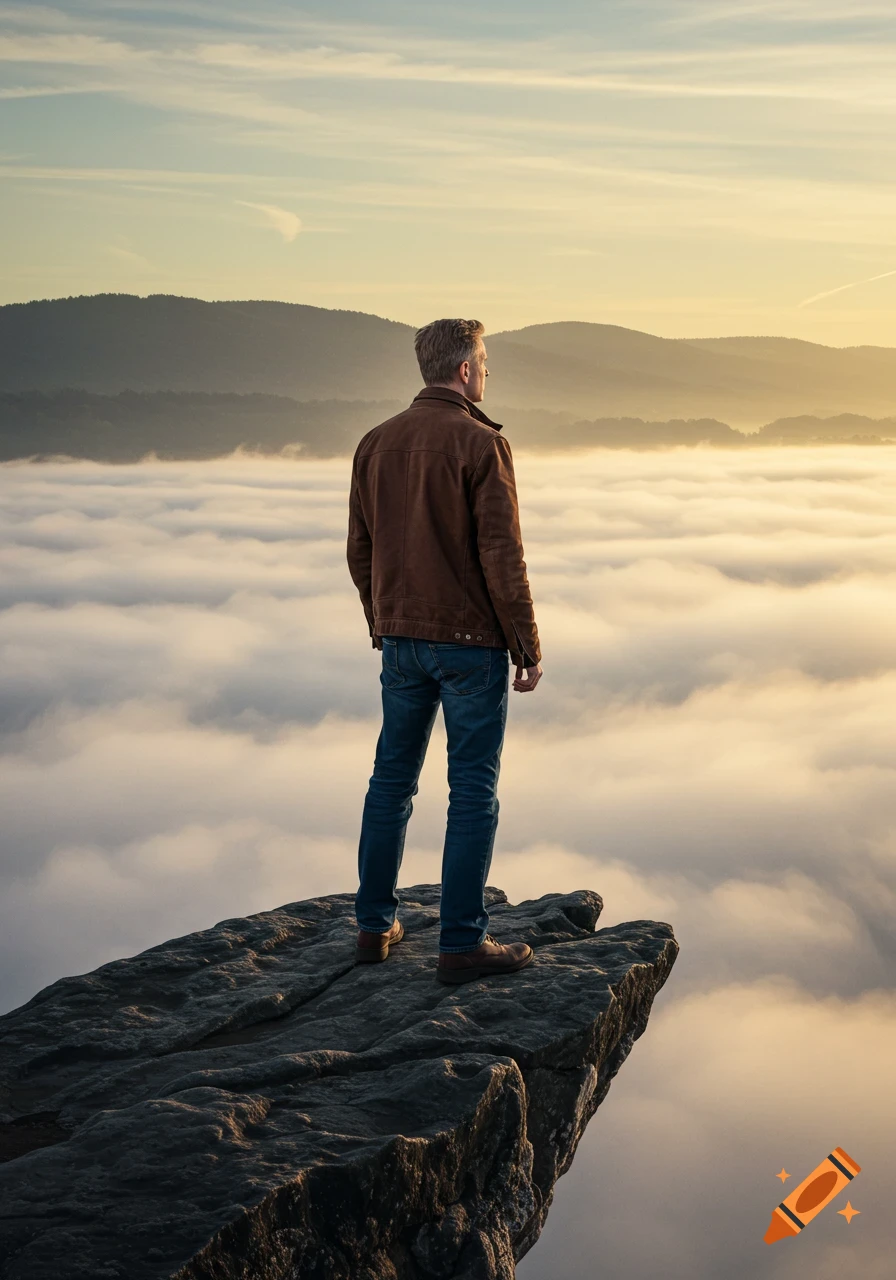 A man in a brown jacket stands on a cliff edge, looking over a sea of fog and distant mountains at sunrise.