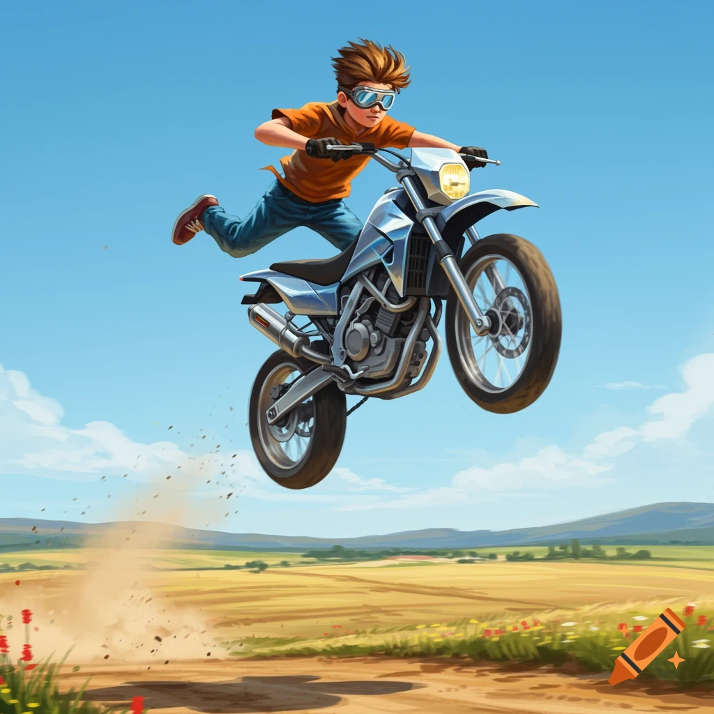 A stylized illustration of a boy jumping a dirt bike high in the air above a field and dirt path.