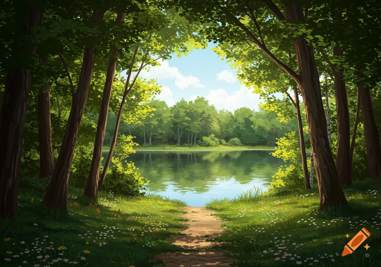 A digitally painted scene of a sunlit forest clearing with a dirt path leading to a tranquil lake surrounded by lush green trees.