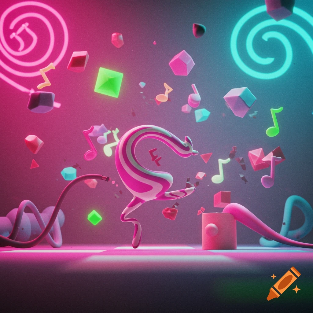 An abstract 3D render with a swirling pink and white striped figure, surrounded by floating musical notes and geometric shapes in a neon pink and blue gradient setting.