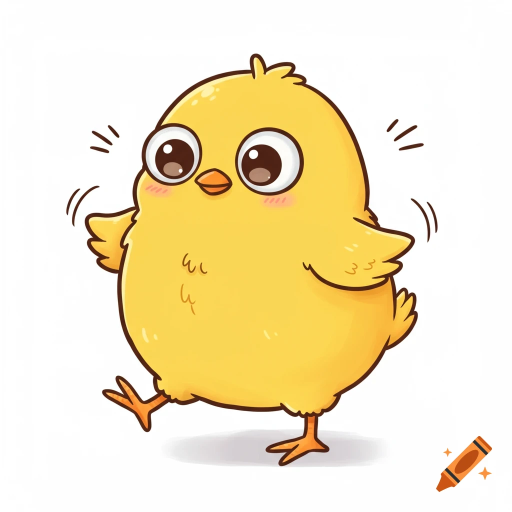 A cute, chubby yellow kawaii cartoon chick with big eyes, dancing on a white background.