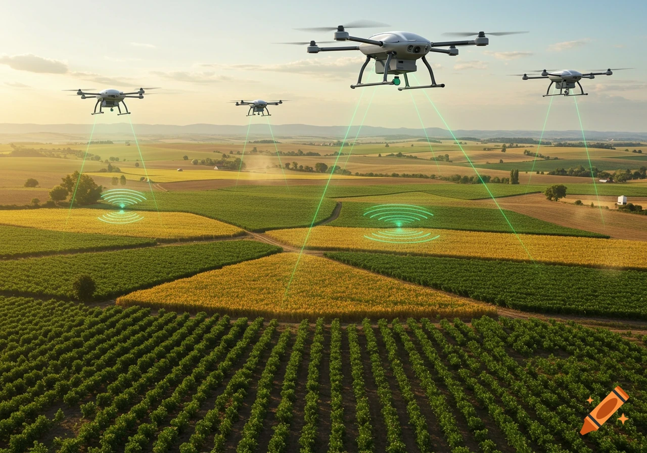 Multiple drones fly over diverse green and yellow agricultural fields, with green beams extending from them to the ground.