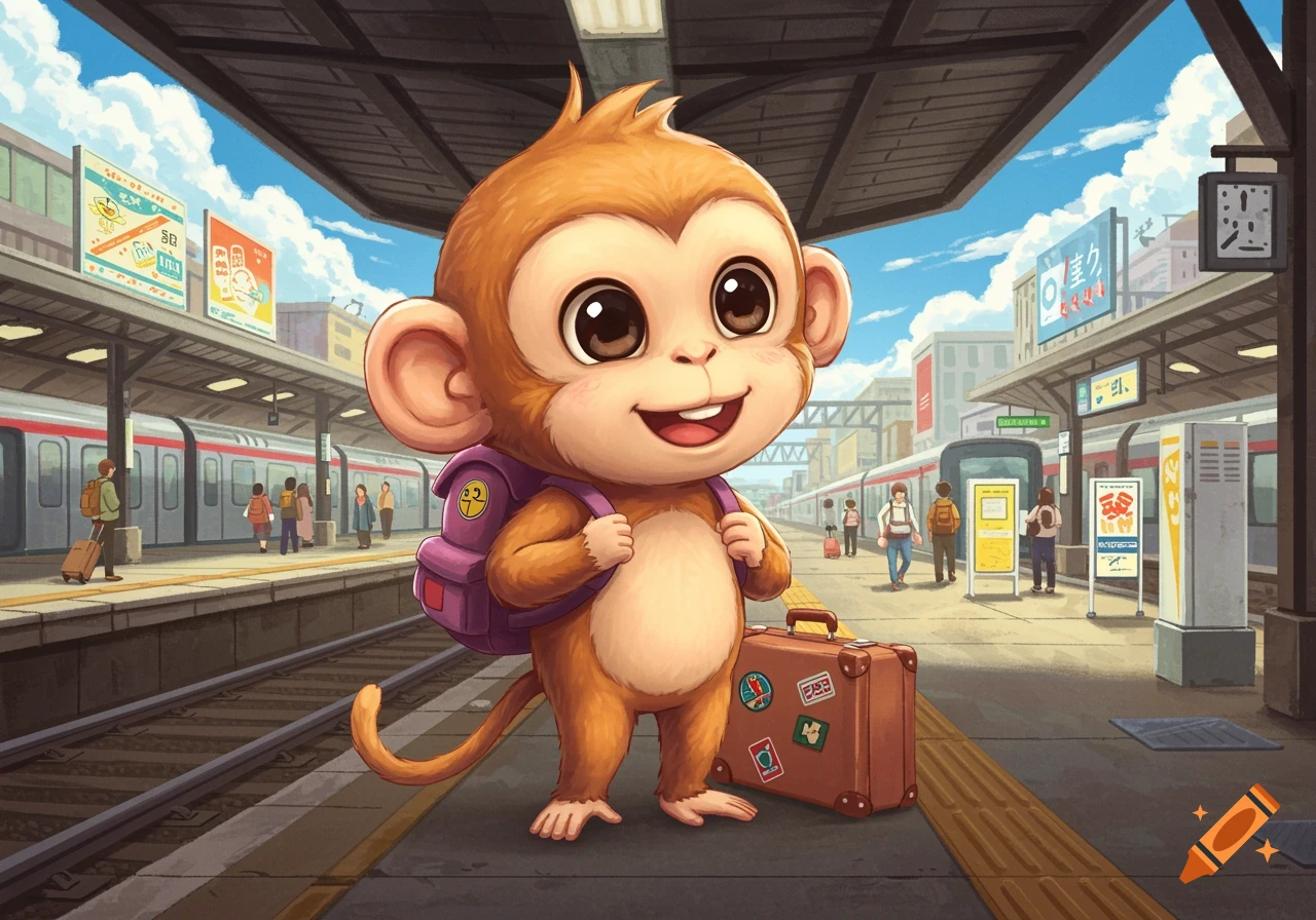 A cute cartoon monkey with a purple backpack stands on a train platform next to a brown suitcase, smiling. Trains and other people are in the background.