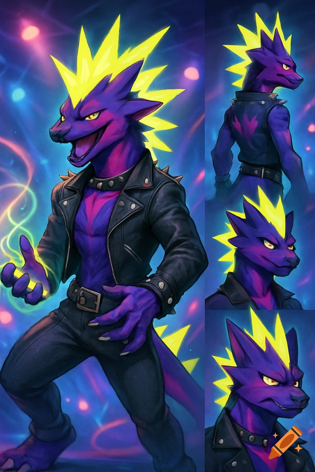A purple and yellow furry character resembling Toxtricity in a black leather jacket, with glowing hand, presented as a character reference sheet.
