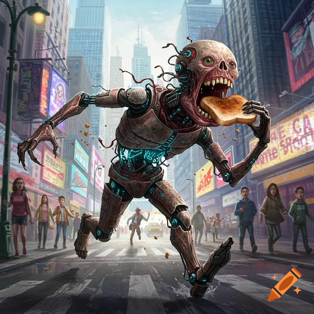 A hideous, bionic creature with an exposed skull and glowing core runs through a busy city street, holding a slice of toast in its mouth.