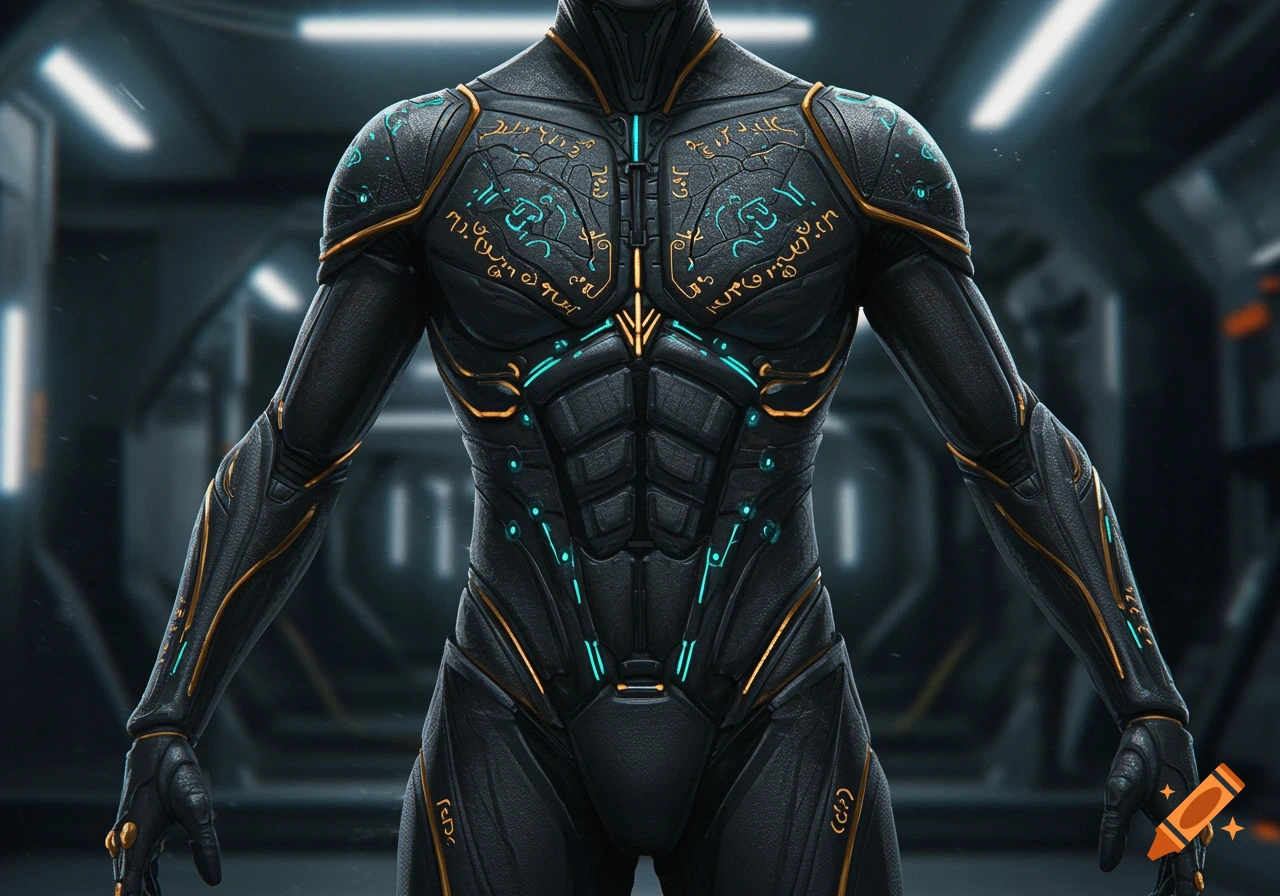 A close-up of a futuristic black skintight power suit with glowing turquoise lights and gold embossed arcane glyphs on a blurry dark background.