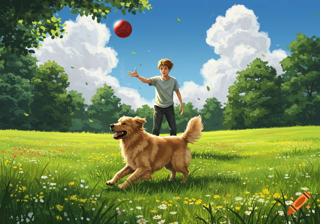 A boy throws a red ball to a golden retriever in a sunlit grassy field with trees and clouds.