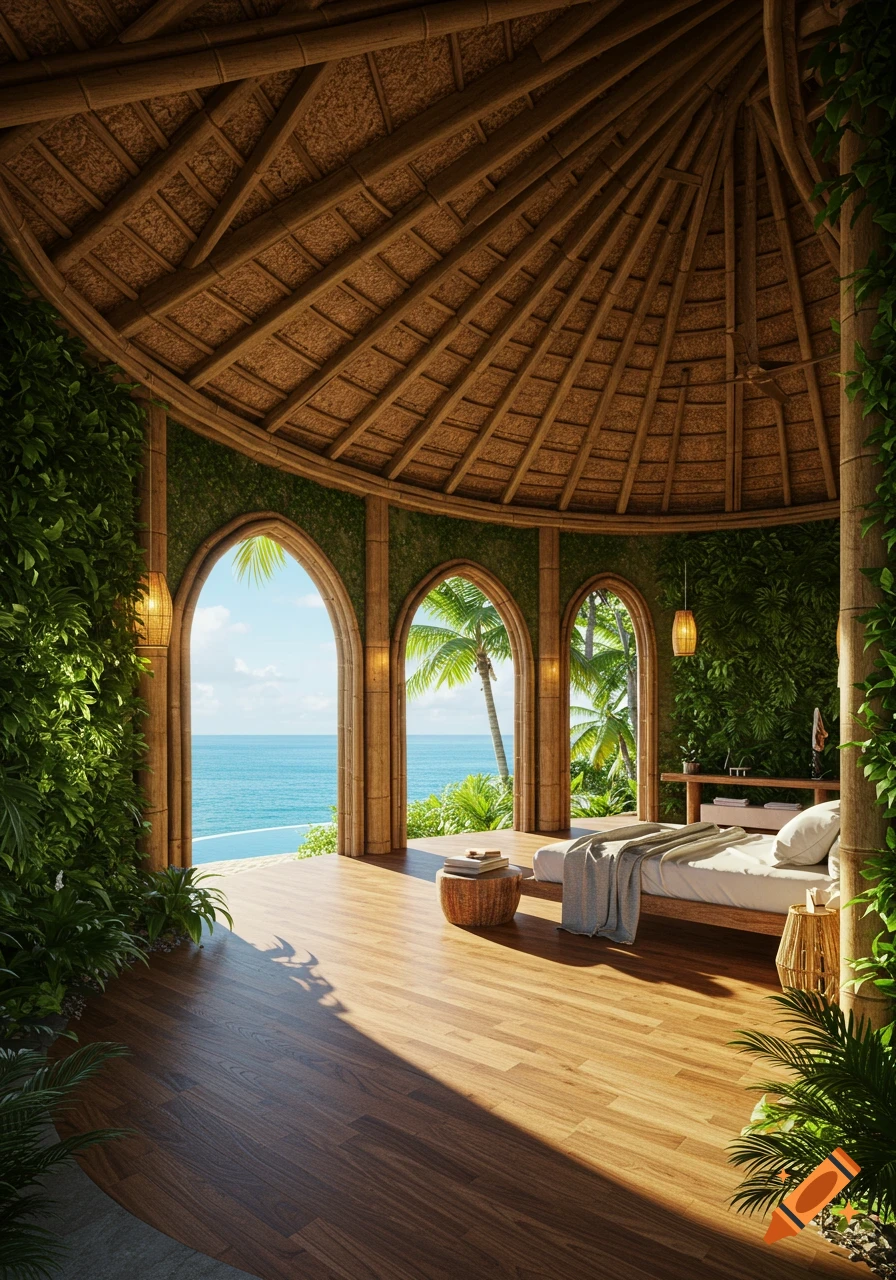 Photorealistic open-air tropical bungalow room with bamboo ceiling, green walls, wooden floor, and arched views of the ocean and beach.