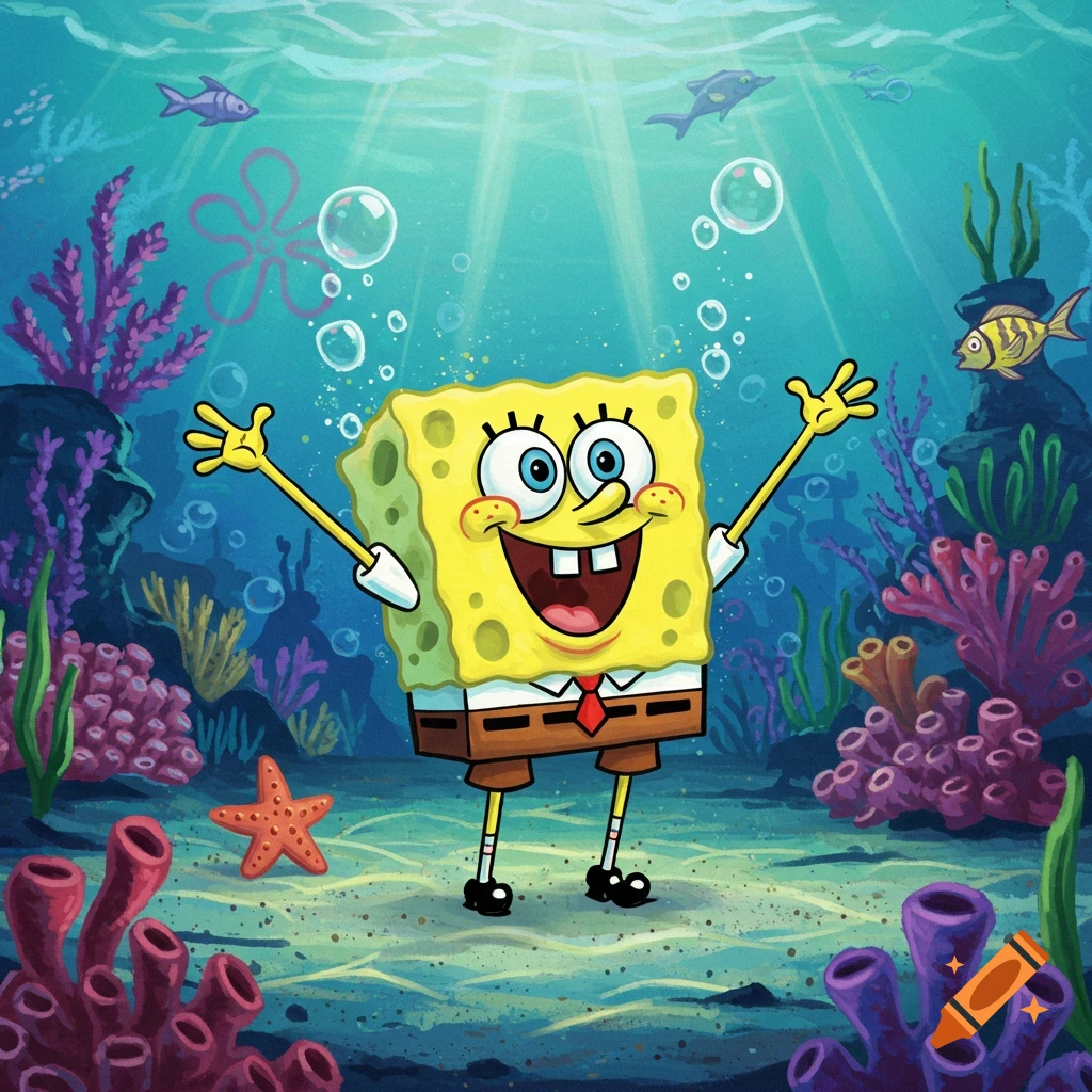 SpongeBob SquarePants stands on the ocean floor with arms raised and a wide smile, surrounded by colorful coral and fish.