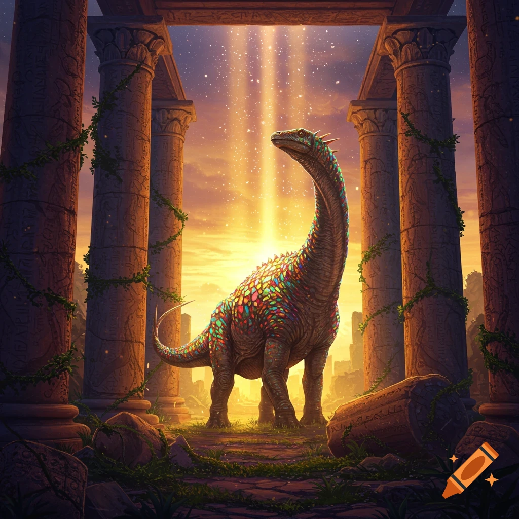 A colorful, scaly dinosaur stands in ancient ruins illuminated by bright sun rays.