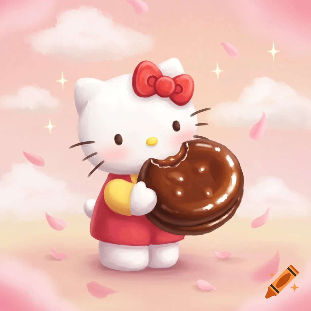 Hello Kitty in a red outfit holding a bitten chocolate cookie under a pink sky with clouds and falling petals.