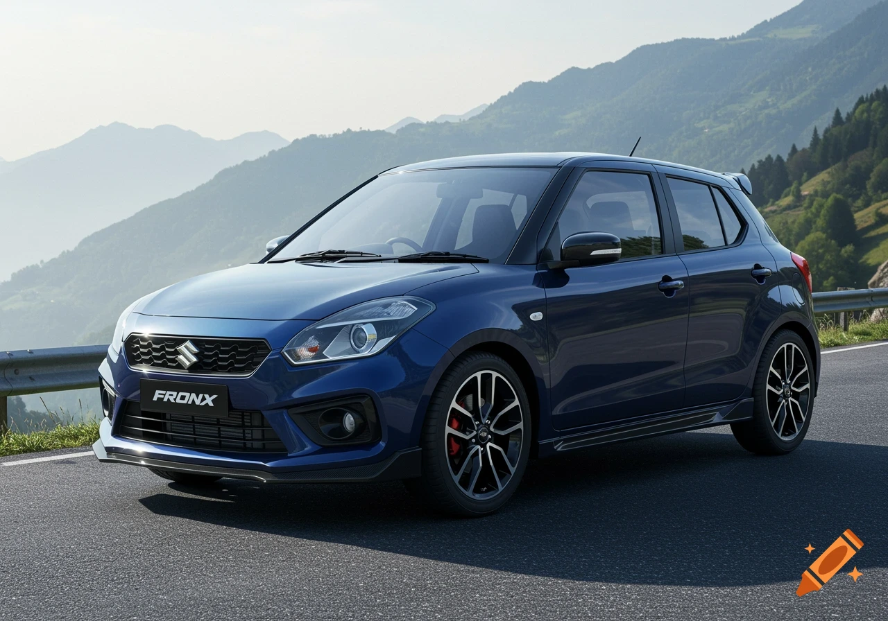 A blue Maruti Fronx car with a sport kit parked on a mountain road with hazy mountains in the background.