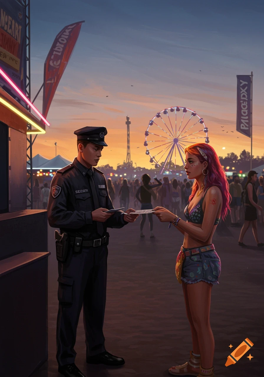 A security guard checks a customer's ticket at a vibrant outdoor festival with a Ferris wheel at sunset, digital art.