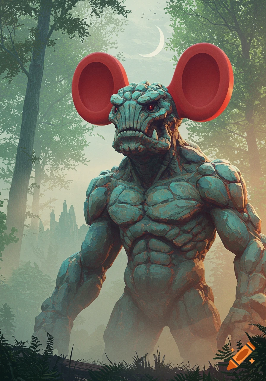 A large, muscular grey-blue monster with prominent red, round ears stands in a misty forest under a crescent moon. Digital art.