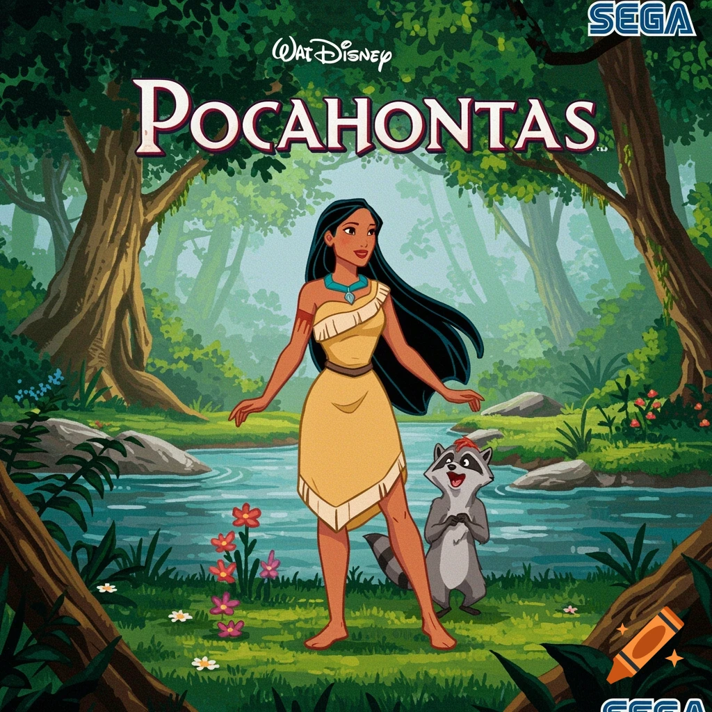 A retro game cover illustration of Pocahontas and Meeko standing by a river in a lush forest, with 'Walt Disney Pocahontas' and 'SEGA' logos.