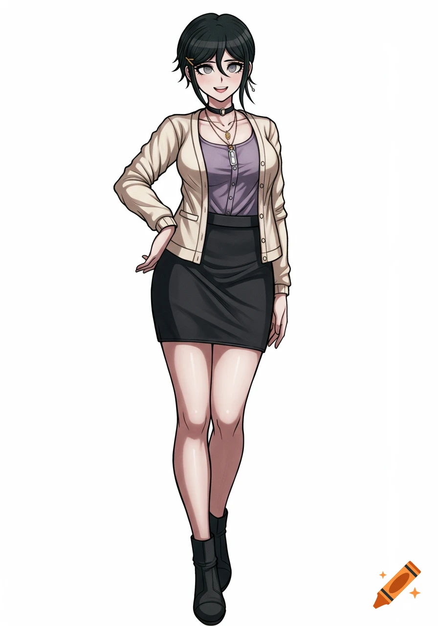A Danganronpa-style anime character with dark hair, a cream cardigan, black skirt, and ankle boots stands on a white background.