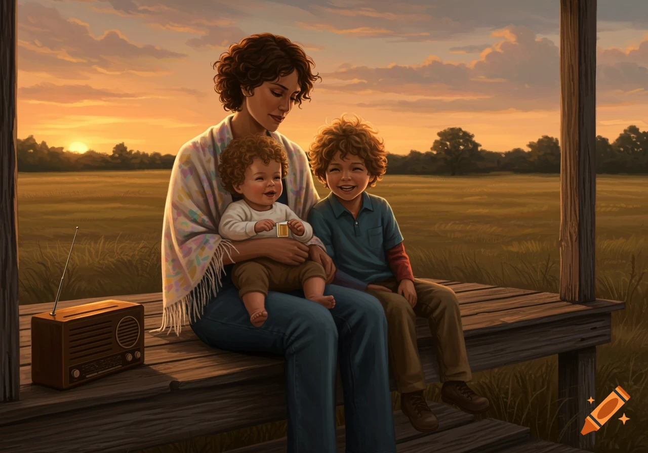 An illustrated mother and her two young sons sitting on a wooden porch, gazing at the golden sunset over a field.