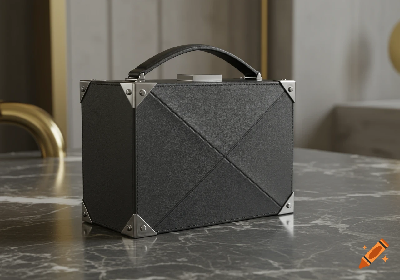 A black leather boxy bag with silver corner protectors and a handle, resting on a polished dark marble surface.