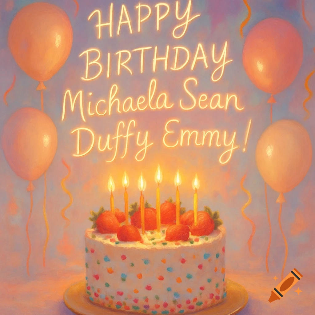 A brightly lit birthday cake with candles and strawberries sits on a plate, surrounded by orange balloons and streamers, with "Happy Birthday Michaela Sean Duffy Emmy!" written above in glowing letters.