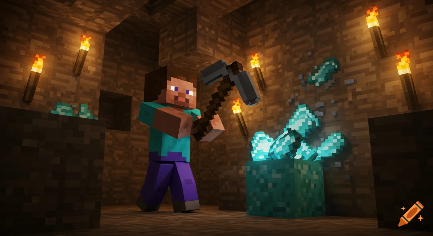 Minecraft Steve mining diamond ore with an iron pickaxe in a dark cave illuminated by torches.