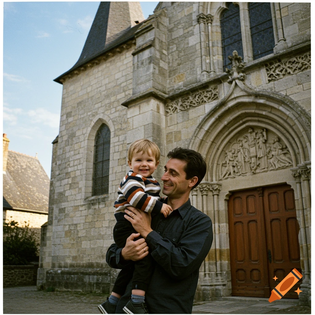 A smiling man holds a young boy outside a stone church.