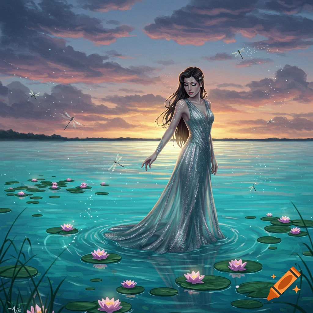 A woman in a shimmering gown stands in a lake with lily pads at sunset, with dragonflies flying around.
