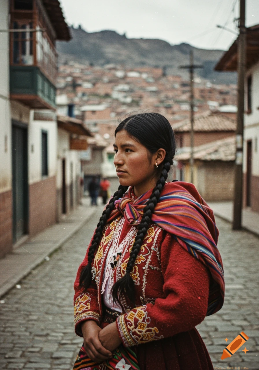 A side portrait of a young Aymara woman with long black braids and traditional red embroidered clothing, standing on a cobblestone street in a mountain town.