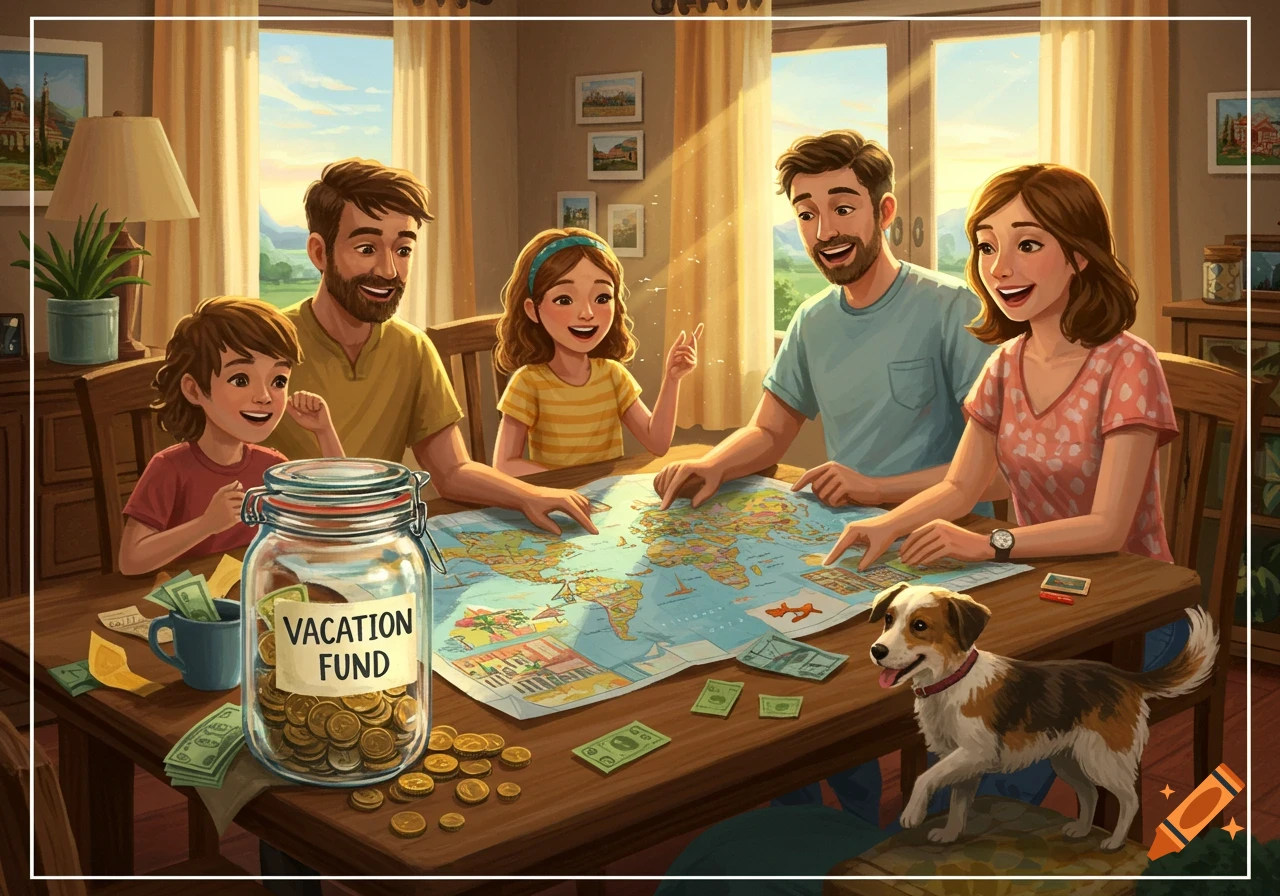 An illustration of a family and their dog gathered around a table with a world map and a 'VACATION FUND' jar, planning a trip.