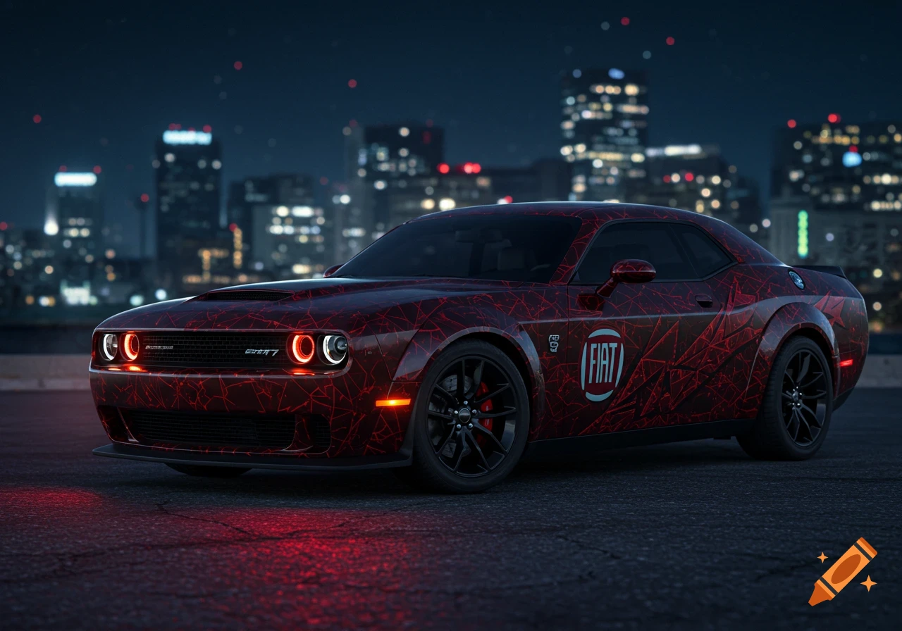 A custom red and black Dodge Challenger with a cracked pattern decal and a Fiat logo, parked on an asphalt street at night with city lights in the background.