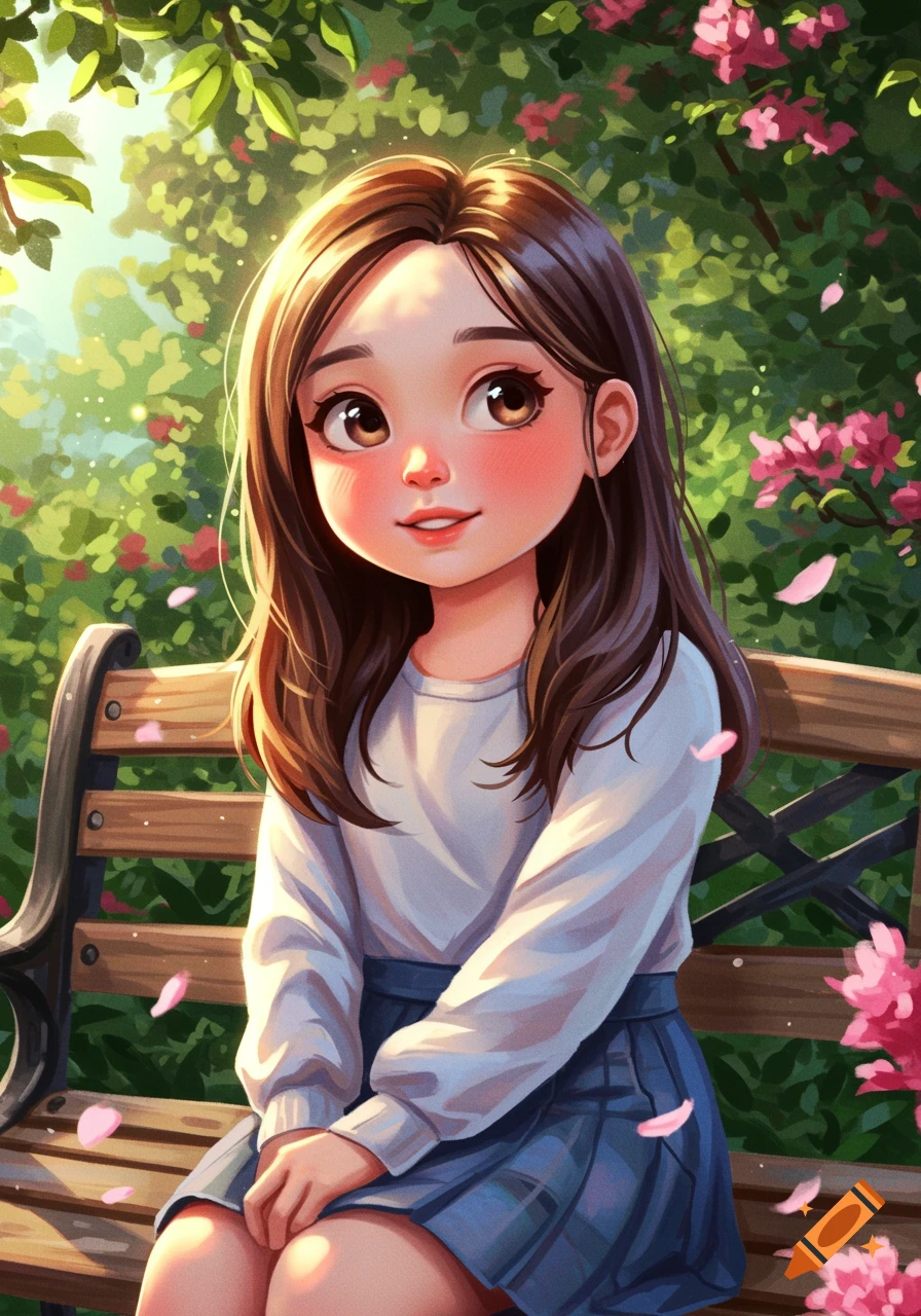 A cute cartoon girl with brown hair and rosy cheeks sits on a park bench surrounded by green leaves and pink flowers in the sunlight.