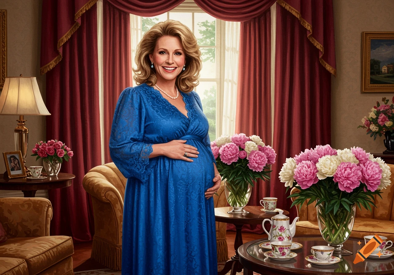 A smiling pregnant woman with blonde hair, wearing a blue dress, stands in a richly decorated living room filled with flowers and antique furniture. Photorealistic style.