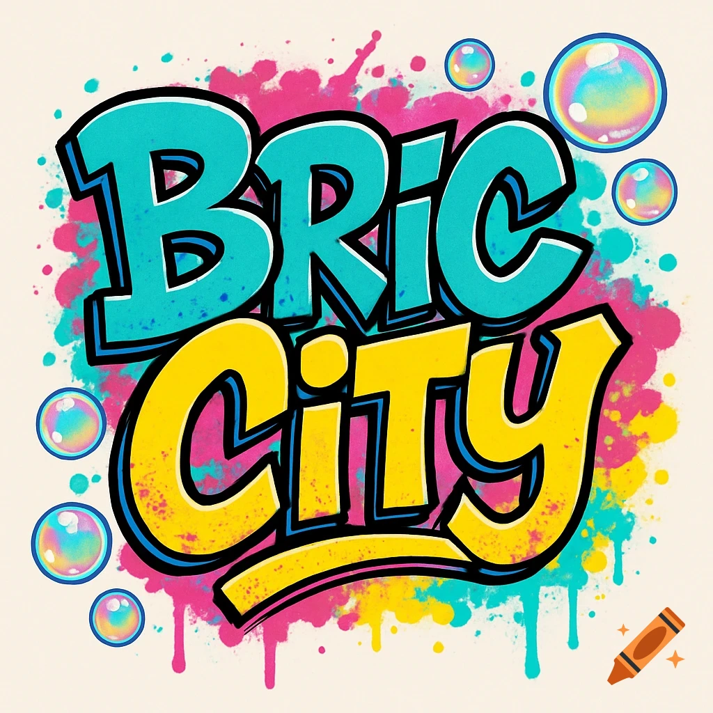 Colorful graffiti-style logo that reads 'Bric City' with paint splatters and bubbles on a light background.