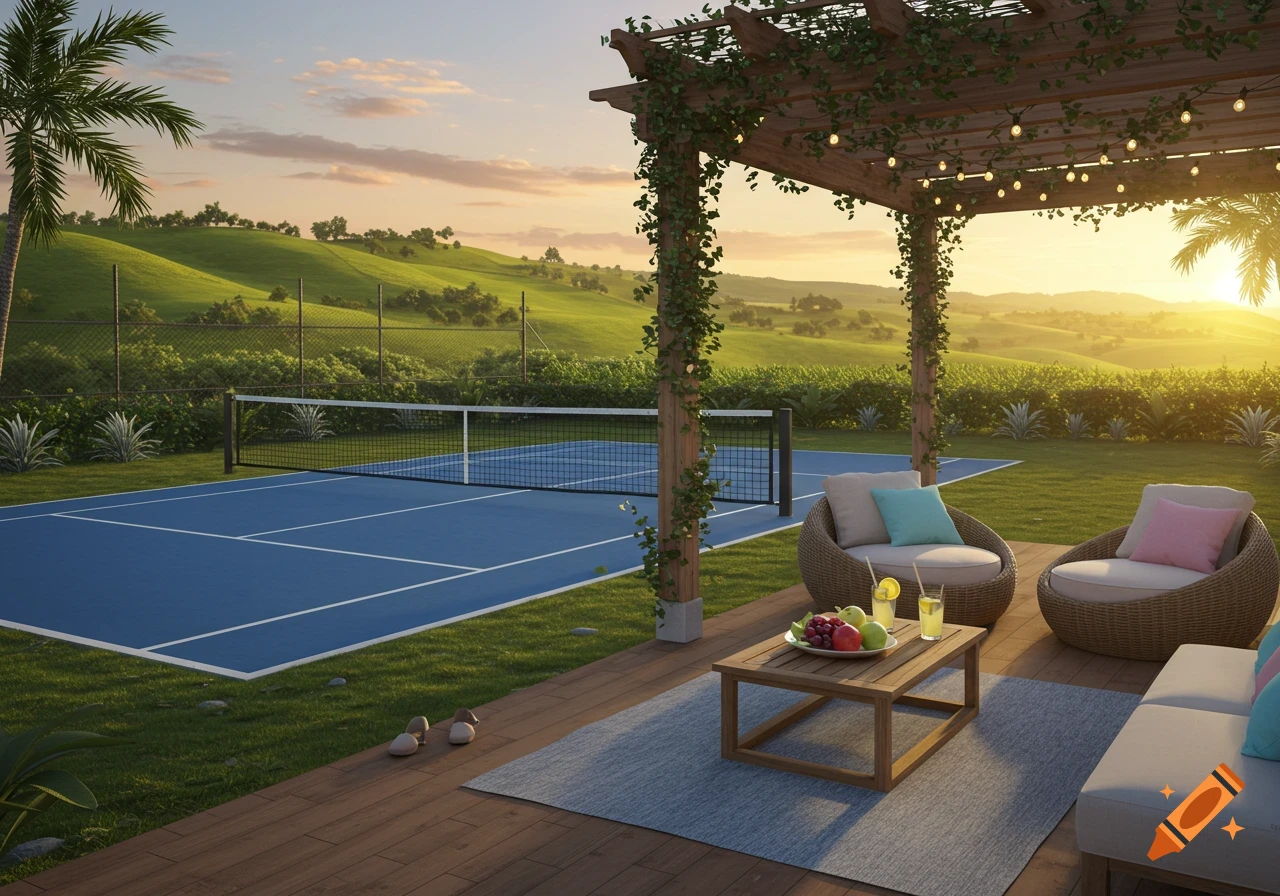 A blue pickleball court next to a wooden patio with a pergola, lounge chairs, and a table with fruit and drinks, set against green hills at sunset.