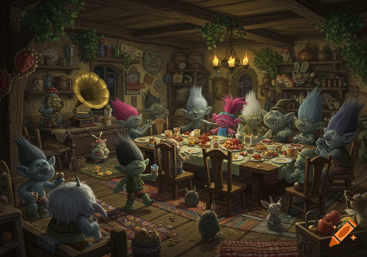 A vibrant illustration of many colorful trolls having a lively feast at a long table in a cozy, rustic home.