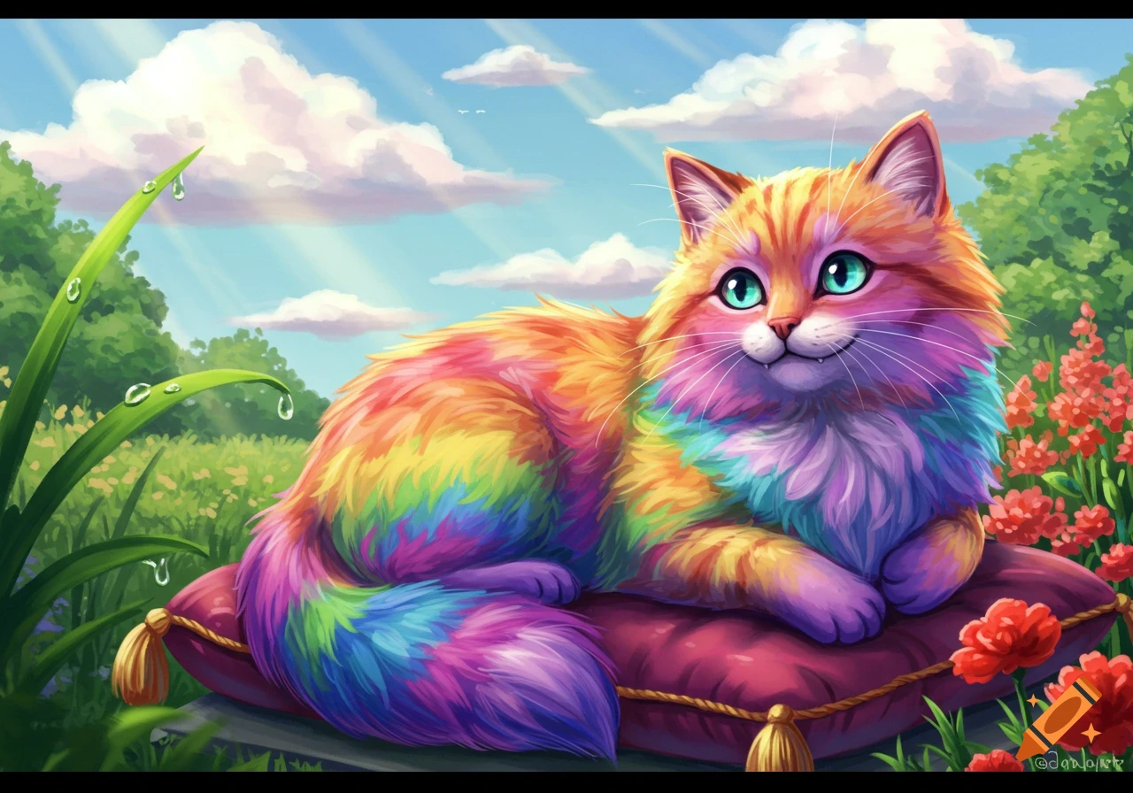 A fluffy rainbow-colored cat with blue eyes lies on a red pillow in a vibrant, sunny field with flowers.