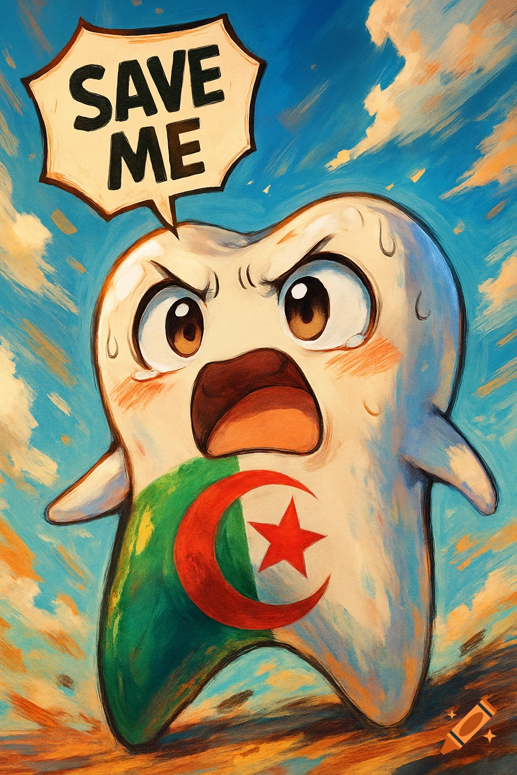 A distressed cartoon tooth with the Algerian flag on its body shouts "SAVE ME" in a speech bubble, against a brushstroke sky.