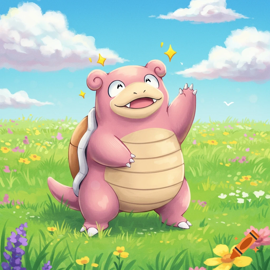 A happy pink Slowpoke stands in a vibrant green field with colorful flowers under a blue sky, waving. Illustrated style.