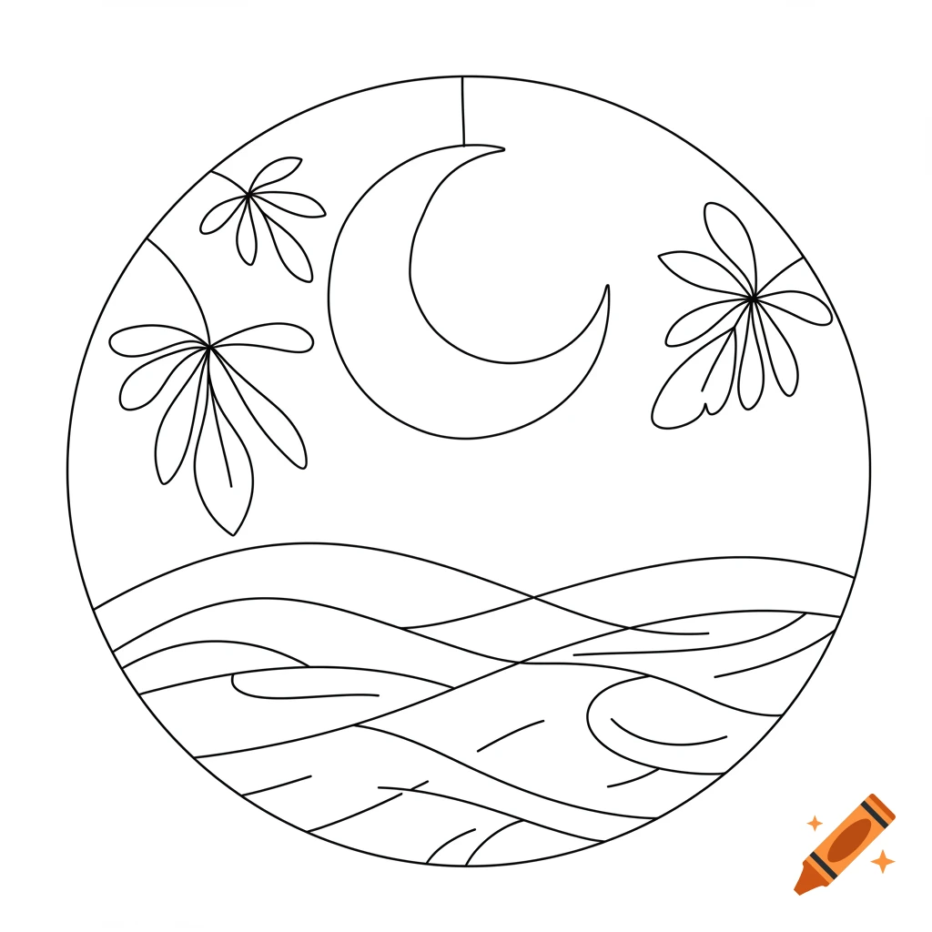 A minimalist black and white line art illustration in a circular frame, featuring a crescent moon, stylized leaves, and abstract wavy lines resembling hills or water.