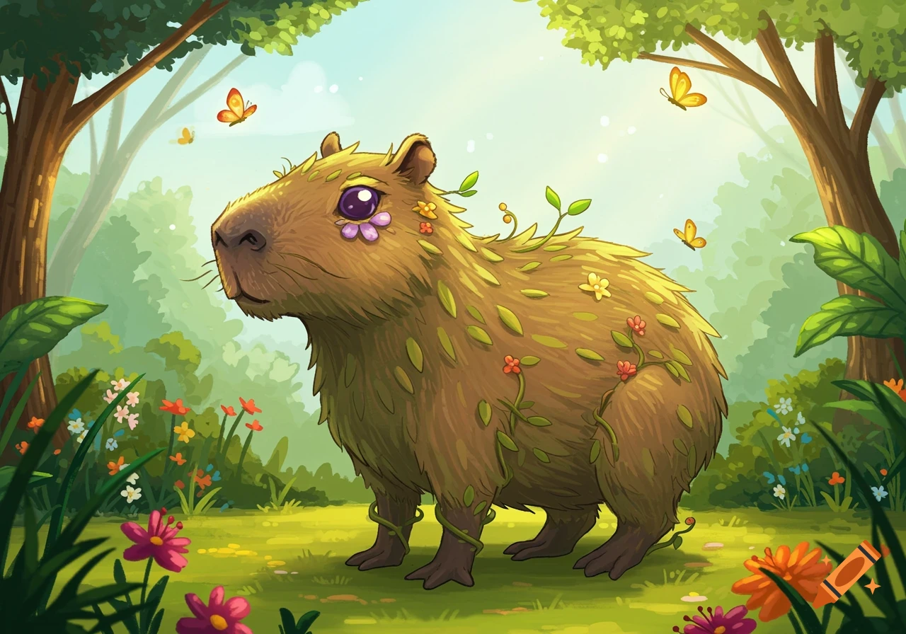 Cartoon capybara covered in leaves and flowers in a vibrant green forest with butterflies.