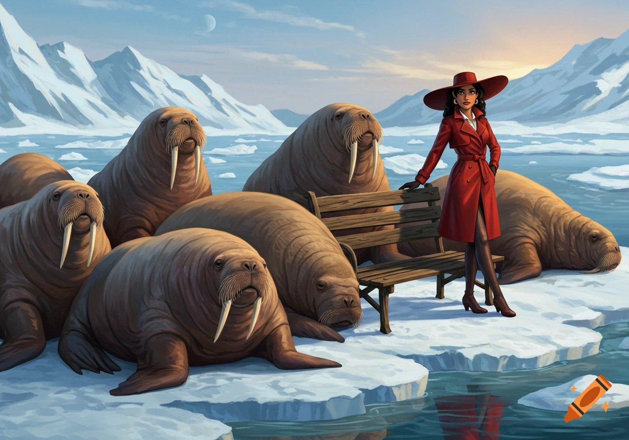 A woman in a red coat and hat stands on an ice floe next to a bench, surrounded by walruses, with snowy mountains in the background.