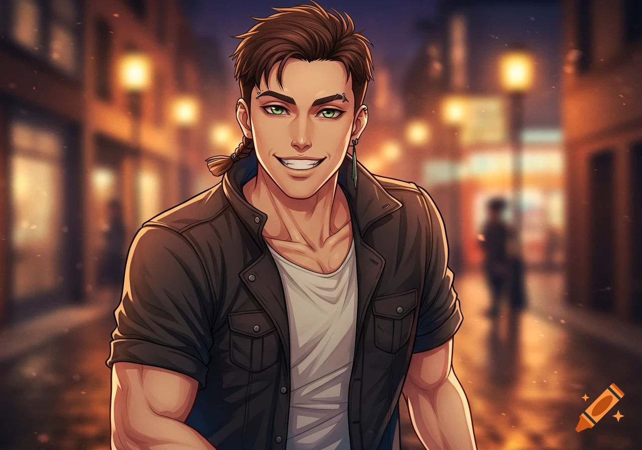 A smiling anime male with brown hair, a small braid, green eyes, and piercings, wearing a black jacket and white shirt, stands in a blurred street at night.