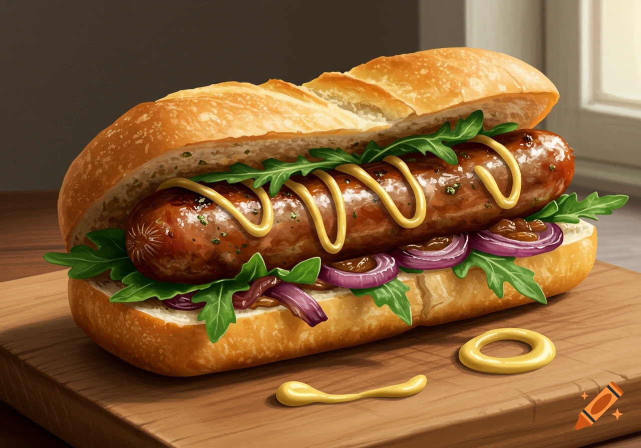 A photorealistic sausage sandwich on a baguette with arugula, red onion, and mustard, on a wooden cutting board.